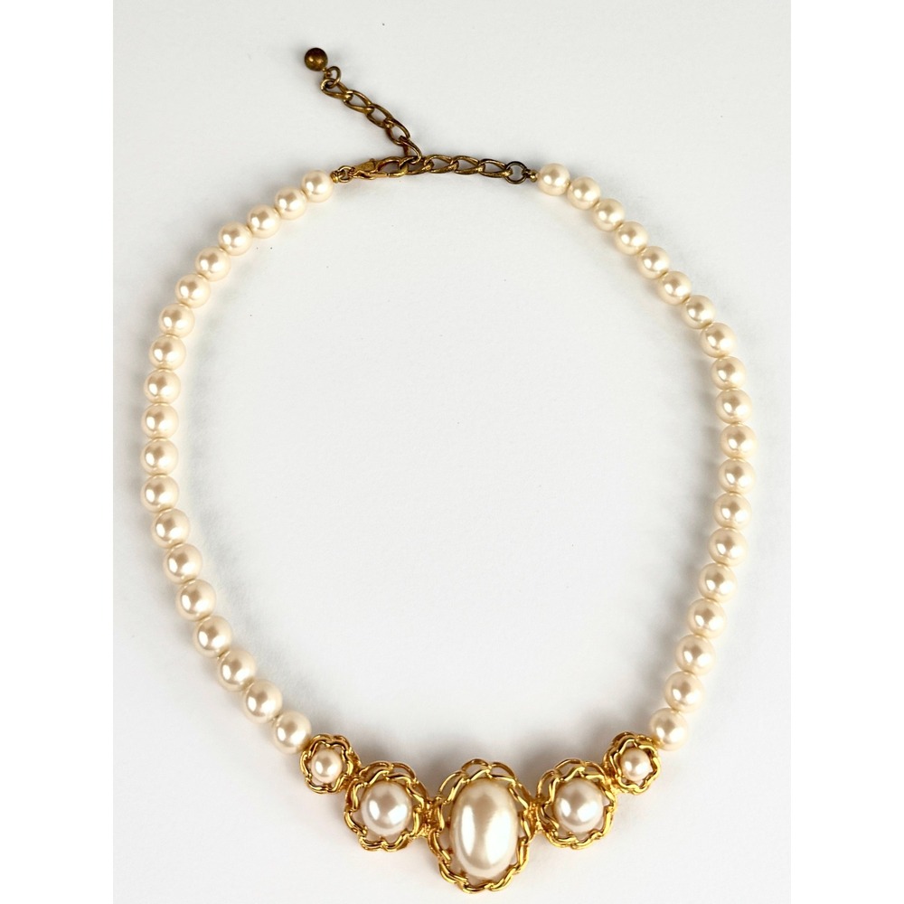 Pearl statement necklace gold tone chunky bridal vintage style 18 inch